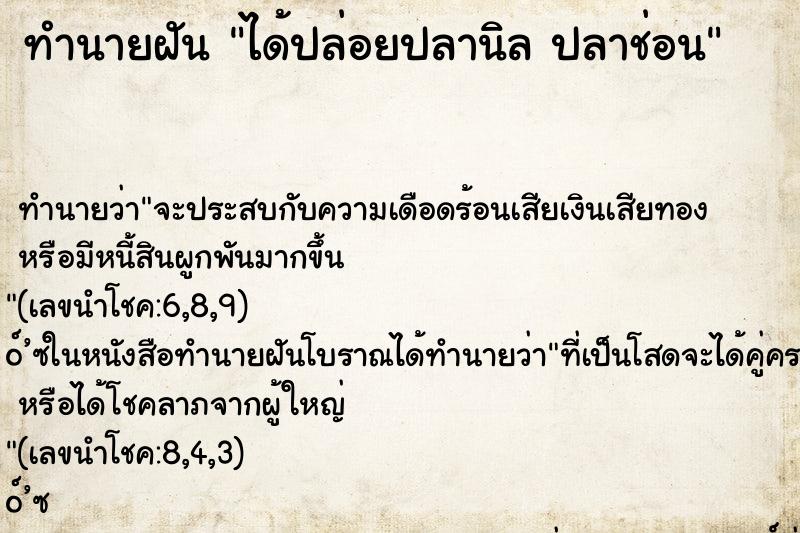 ทำนายฝันได้ปล่อยปลานิลปลาช่อน ทำนายฝันทำนายฝันได้ปล่อยปลานิลปลาช่อน